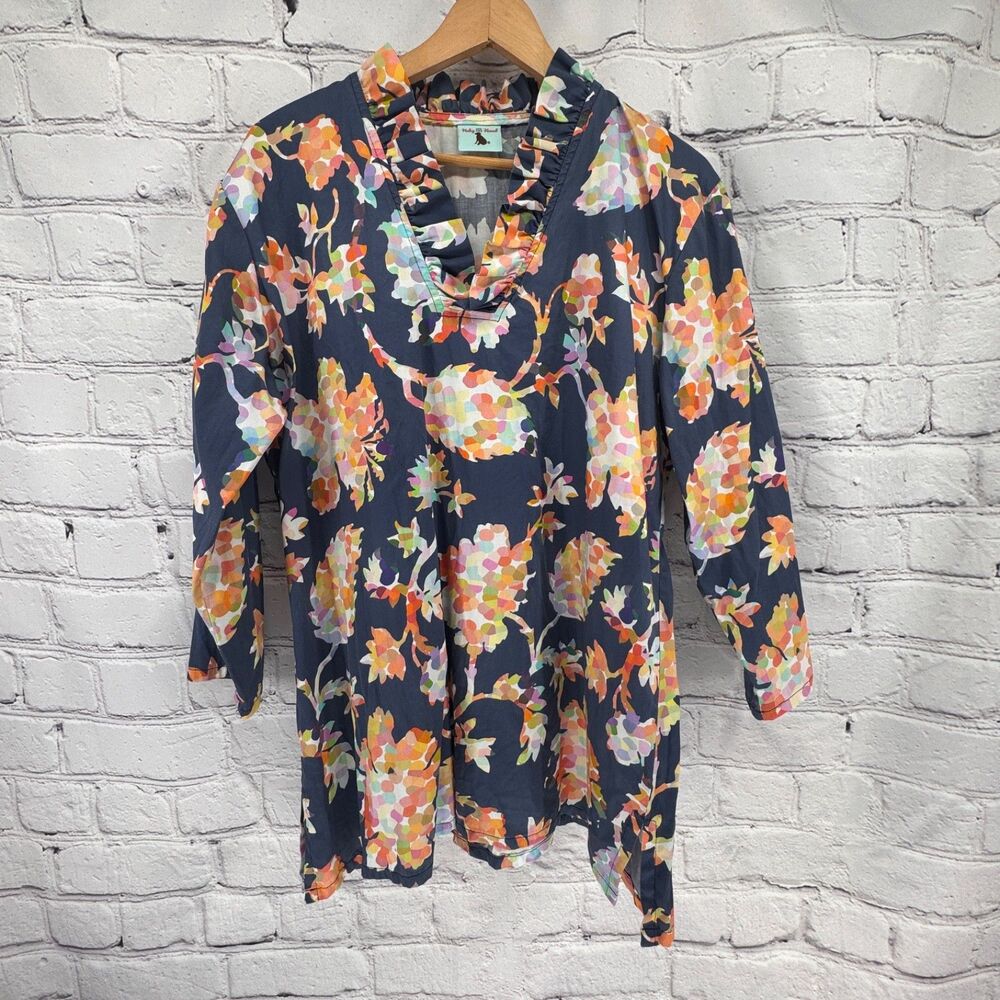 Haley and the Hound Top Women's XL Floral Blue Multicolored 100% Cotton